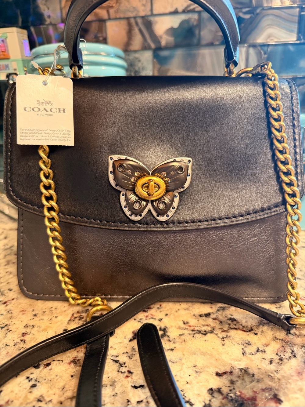 Coach Black Leather Parker Top Butterfly Turnlock Crossbody Bag with Gold Chain - Picture 9 of 11